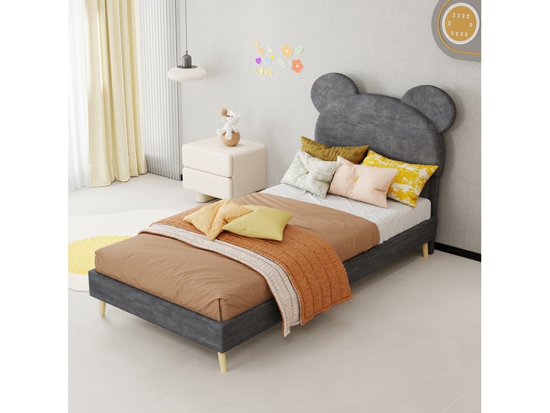  Modenvie lit coffre enfant 90x200 cm - tête de lit rembourrée forme cartoon, sans matelas - gris  - Conforama B