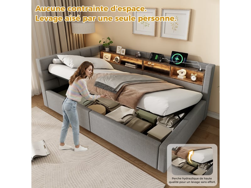 Lit coffre hydraulique 90x200 cm avec led dimmable, étagères, usb et tête réversible, tissu lin gris, sans matelas - Conforama R