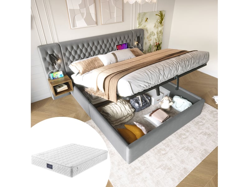  Lit coffre 160x200 cm avec 2 tables de chevet, éclairage de lecture, velours gris  - Conforama B