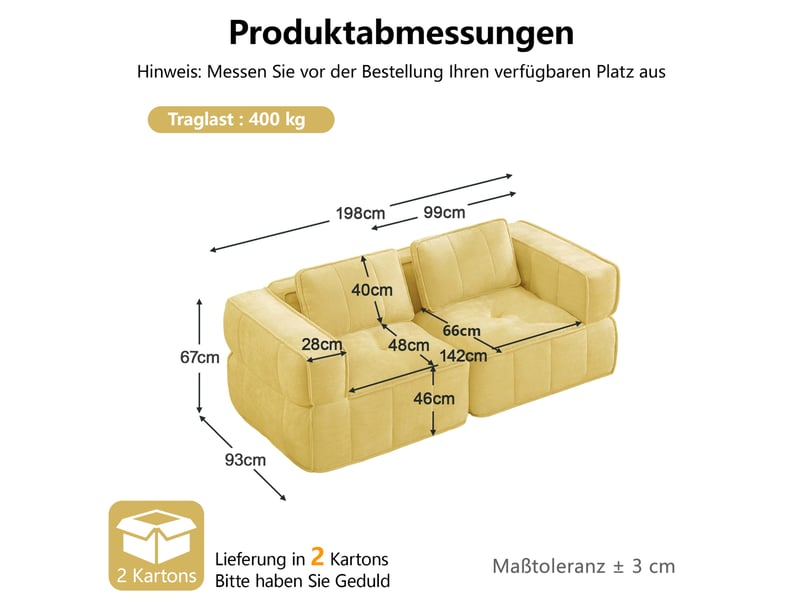  Canapé modulable 2 places sans structure en polyester jaune  - Conforama C