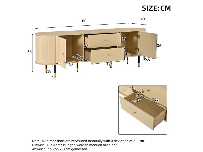  Meuble tv avec 2 tiroirs, 2 portes coulissantes et passe-câbles, pour salon, finition bois naturel, 180 × 40 × 58 cm  - Conforama E