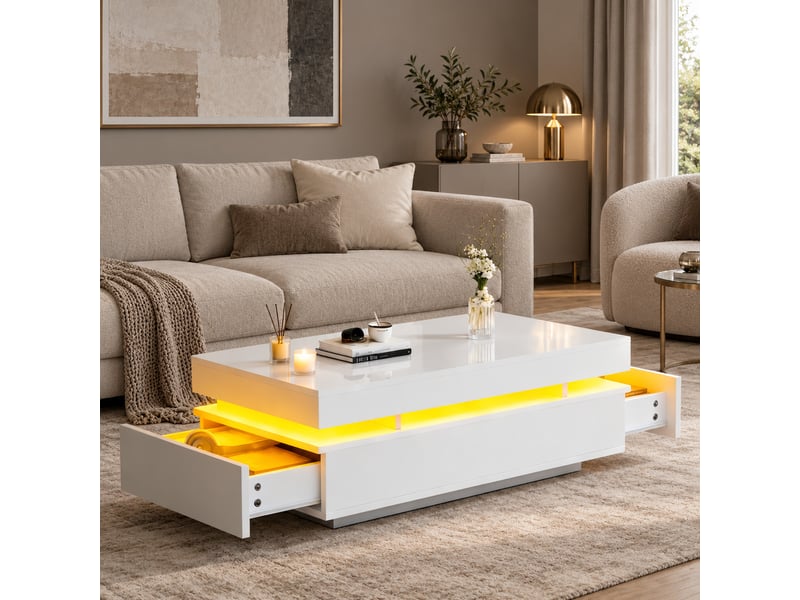  Table basse led blanche avec 2 tiroirs, finition brillante et éclairage d’ambiance, 100x50x35 cm  - Conforama E