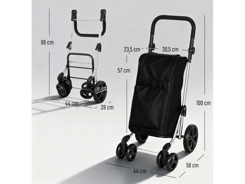  Chariot de courses pliable 58 x 44 x 100 cm – noir – sac 46 l isotherme, 6 roues et cadre aluminium  - Conforama C