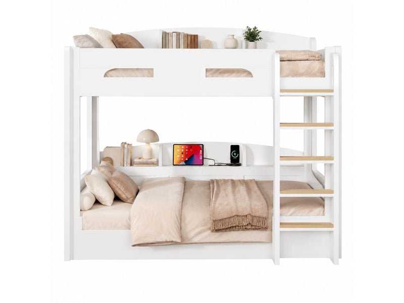 Lit superposé enfant 2 places 90×200 cm avec usb et étagères - okmyhome- sans matelas, bois et mdf - blanc - Conforama A