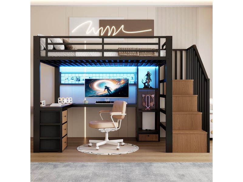  Lit mezzanine enfant 90x200 cm avec bureau, escalier avec rangement, 4 tiroirs, led, cadre métallique et mdf, noir Radiant Stride - Conforama D