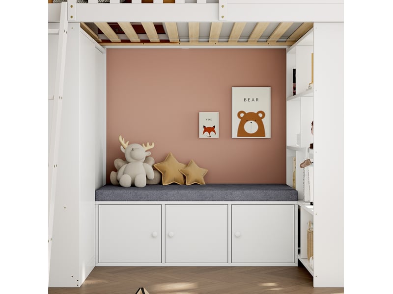 Lit mezzanine enfant tcqpz 90 x 200 cm avec rangement, armoire, étagères et banquette blanc et naturel - Conforama C