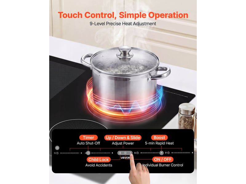  Vevor plaque à induction encastrable 4 foyers 59 cm - 7200 w, 9 niveaux, écran tactile led, surface vitroceramique, sécurité enfants SK-72IHB4S9M - Conforama D