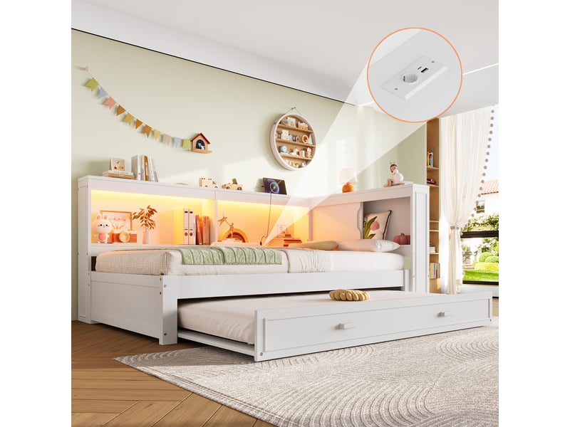Canapé-lit gigogne 90x200 cm blanc avec led, usb, type-c et prise intégrée - Conforama B