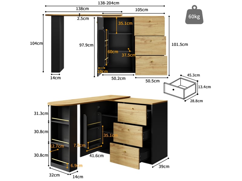  Table de bar extensible 138x204 cm pivotante mdf noir  - Conforama C