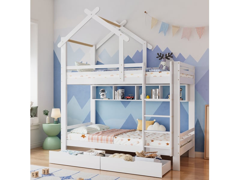  Lit superposé enfant avec tiroirs et étagères 90x200 cm blanc  - Conforama B