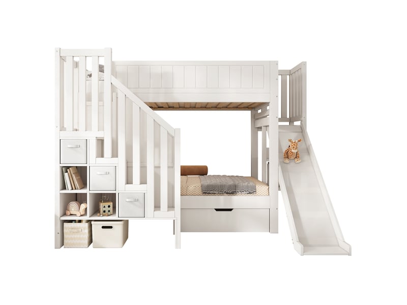  Lit superposé enfant 90x200 cm, lit double, toboggan et rangement, tiroir, style moderne, bois, blanc, sans matelas  - Conforama A