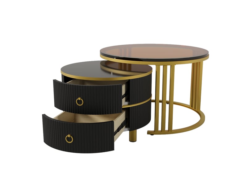 Ensemble de deux tables basses rondes avec 2 tiroirs, 70 x 70 x 45 et 50 x 50 x 40 cm, noir et doré - Conforama W