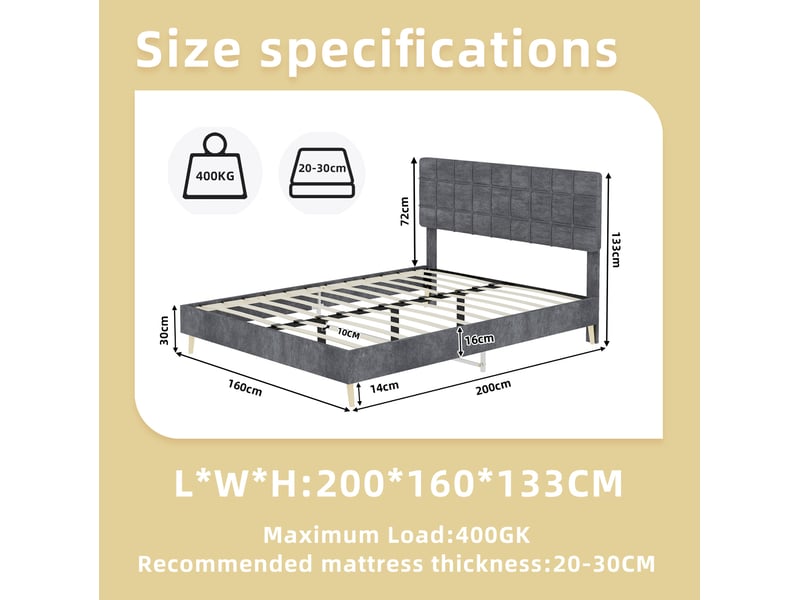 Lit 2 places 160x200 cm avec matelas tête de lit capitonné een tissu gris  - Conforama C