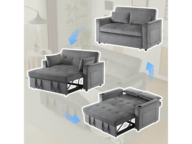  Canapé convertible 2 places en velours avec fonction lit, dossier inclinable 3 positions, porte-gobelets, poches de rangement et coussins inclus - gris  - Conforama D