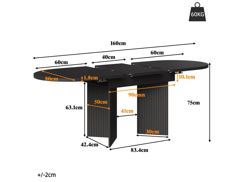  Table à manger extensible noire 120-160 x 80 cm, table de cuisine en mdf avec rallonge intégrée et pieds rainurés  - Conforama C
