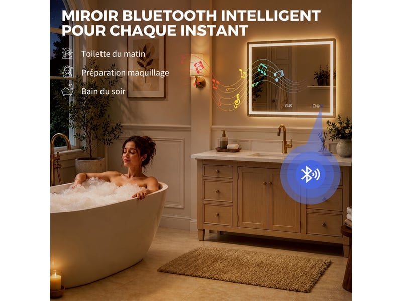  Miroir de salle de bain led bluetooth anti-buée tactile 90 x 3,5 x 70 cm  - Conforama E