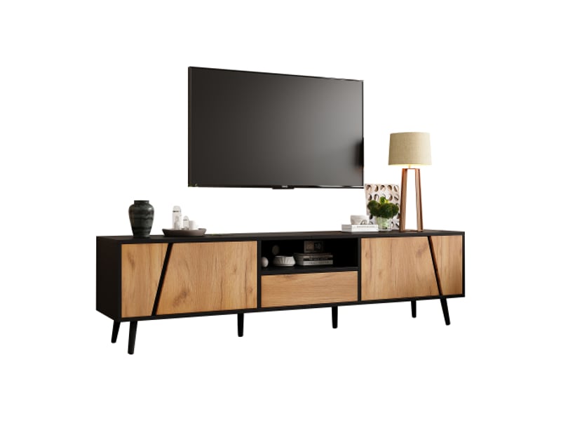  Meuble tv lowboard-avec tiroirs et 2 casiers- console tv moderne minimaliste-6 pieds en bois massif-adapté à télévision 75 pouces  - Conforama A