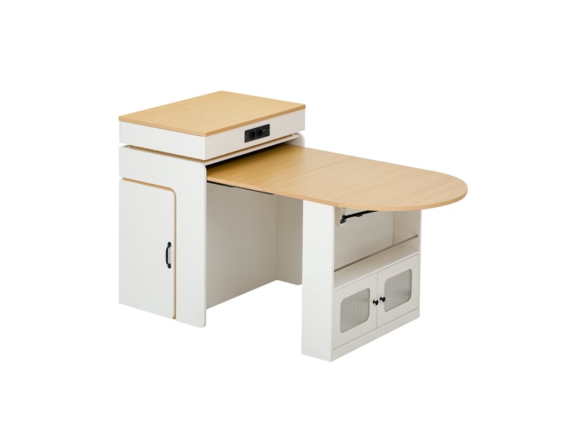  Îlot de cuisine sur roulettes table extensible 55-194 cm led multiprise usb 2 tiroirs blanc  - Conforama A