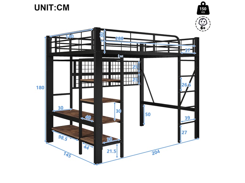  Lit mezzanine 140 x 200 cm, structure métal, led, bureau, étagères, panneau perforé, usb, sans matelas, noir  - Conforama B