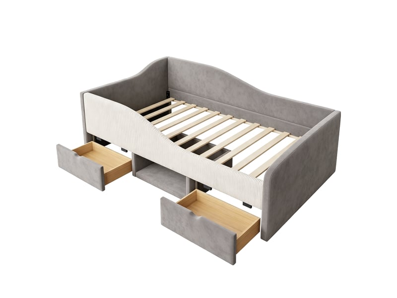  Lit enfant 90x190 cm avec barrières de sécurité - lit banquette rembourré avec 2 tiroirs de rangement et sommier, velours gris evarich - Conforama D