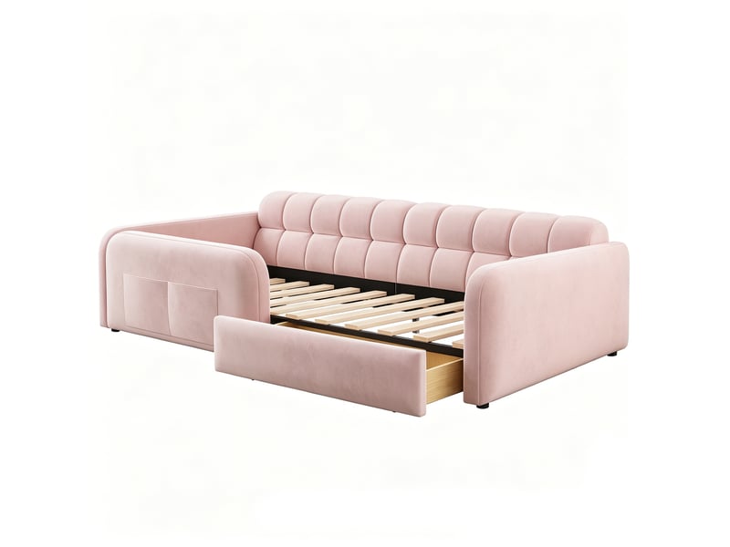  Lit enfant 90 x 200 cm avec tiroir, veilleuse et usb-type-c, lit simple rembourré en velours avec dossier façon canapé et hauts garde-corps - rose  - Conforama E