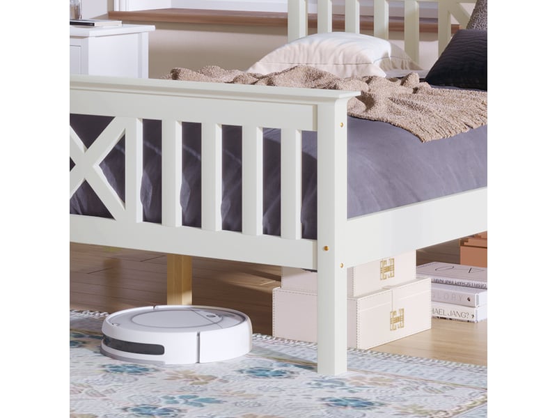  Lit enfant 90x200 blanc en pin massif avec sommier à lattes et tête de lit design en x, cadre robuste pour adolescent  - Conforama E