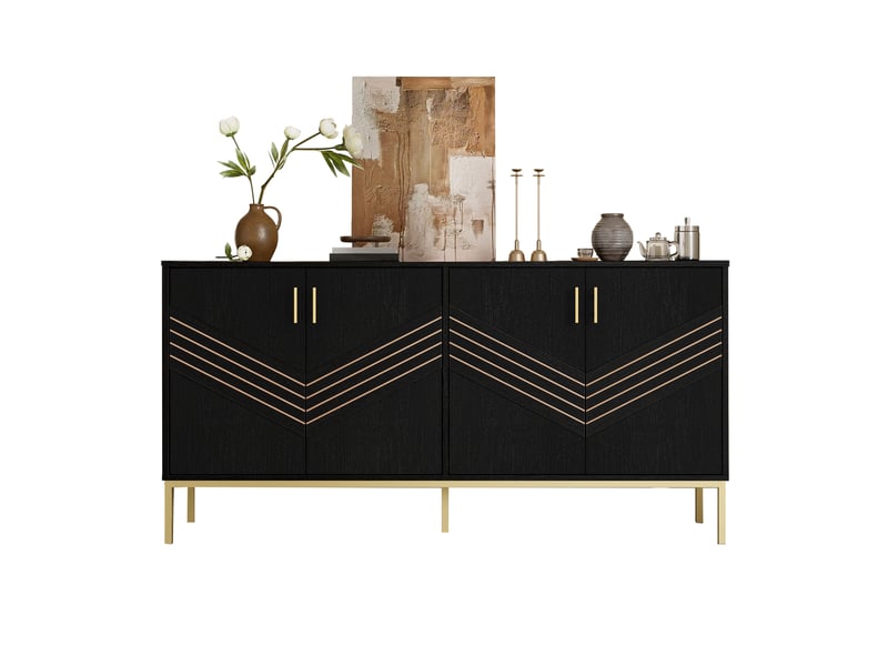 Buffet moderne 4 portes, design noir et doré, corps mdf, pieds métalliques, noir et veinage bois - Conforama A