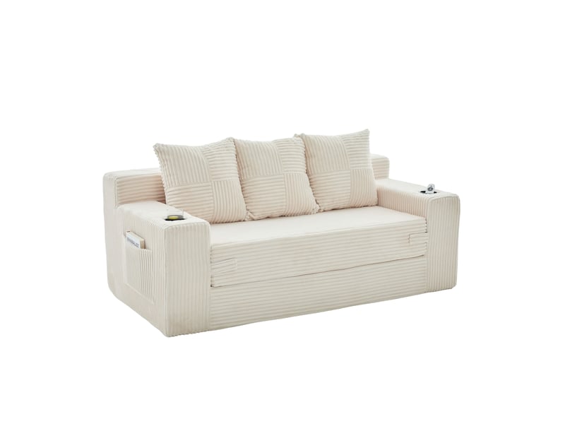  Canapé 3 places modenvie modulable en velours côtelé beige avec porte-gobelets et poches latérales, design sans cadre, 172 x 87 x 64 cm  - Conforama A