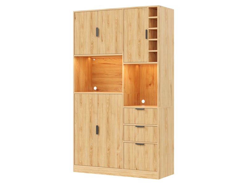 Buffet haut de cuisine 105x40x180 cm avec casier à vin, 3 tiroirs, led via appli, 2 prises, usb et usb-c, étagères réglables, effet bois naturel - Conforama A