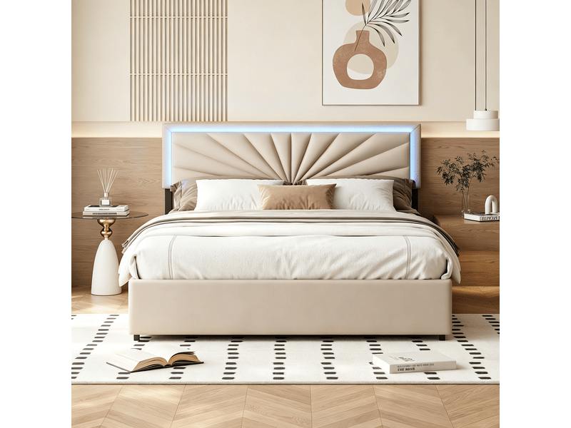  Lit 160 x 200 cm - led - usb - moderne - cadre de lit adulte 160x200 cm - velours - beige  - Conforama C