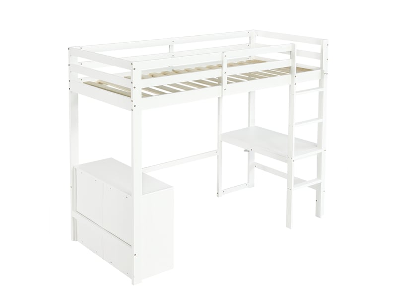 Lit mezzanine enfant avec bureau, caisson à tiroirs et étagère de rangement, échelle à quatre marches, pin et mdf, blanc, 90 x 200 cm - Conforama D