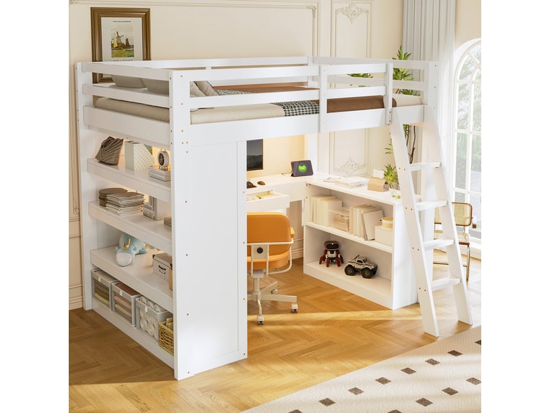 Lit mezzanine 140x200 cm avec bureau intégré, tiroir, étagères de rangement, éclairage led et port usb, espace de travail - blanc - Conforama E