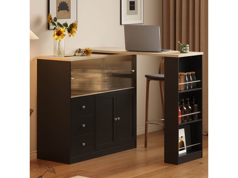 Desserte de cuisine avec 3 tiroirs, porte coulissante en verre, plateau pivotant et led, sur roulettes, en mdf noir  - Conforama C