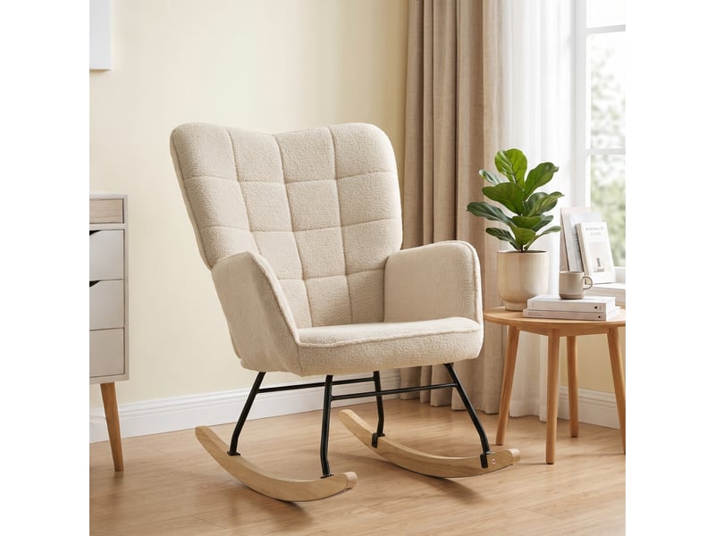  Fauteuil à bascule rembourré en bois et acier pour salon et chambre, 71 x 98 x 101 cm, beige  - Conforama C
