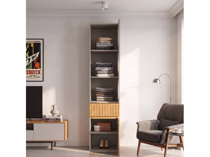  Armoire colonne 45x50x200 cm, 2 portes, 1 tiroir, mdf et panneau, gris clair et naturel, rangement compact déco, déco  - Conforama E