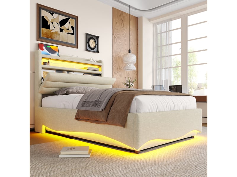 Lit capitonné 90 x 200 cm beige, led, relevage hydraulique, usb et type-c, rangements, sans matelas  - Conforama D