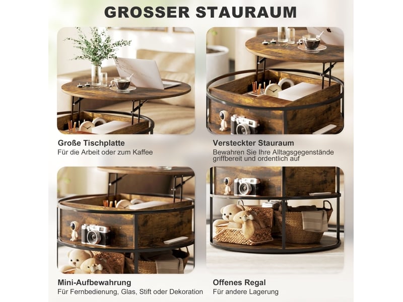  Table basse ronde relevable avec rangement caché et tablette ouverte en panneau de particules, marron, pour salon  - Conforama E