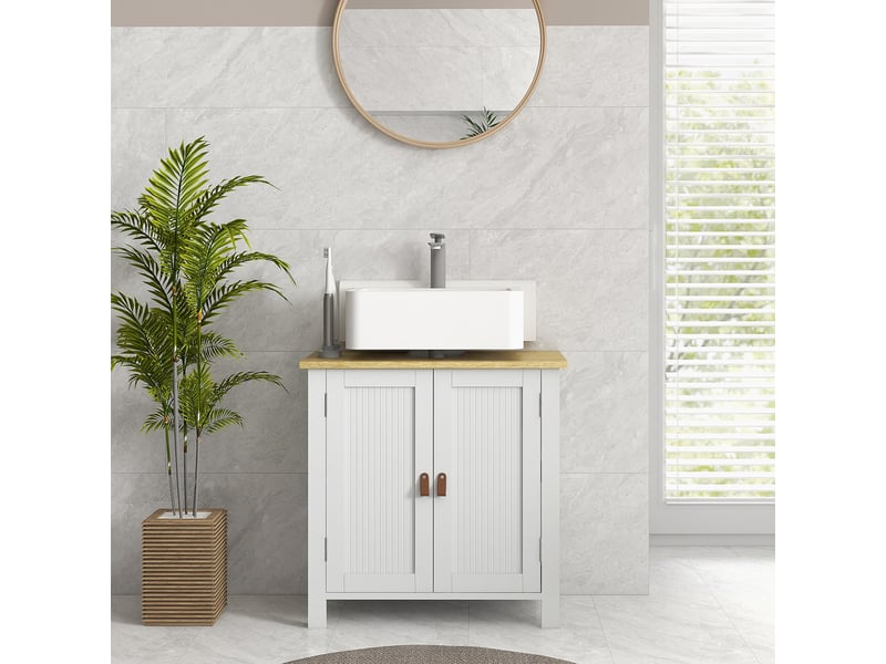  Meuble sous-lavabo pour salle de bain, 2 portes, étagère réglable, 2 niveaux de rangement, poignées en polyuréthane, 60 x 30 x 60 cm, blanc  - Conforama D
