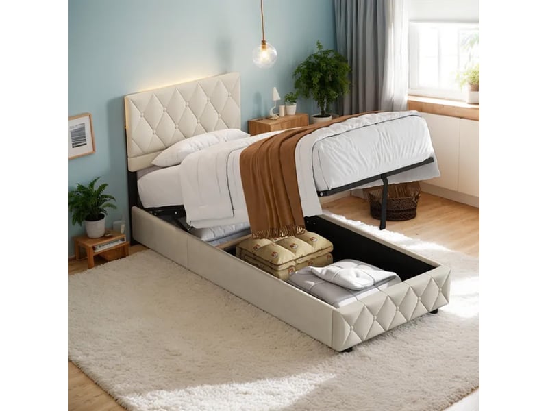  Lit coffre 90x190 cm avec sommier et tête de lit, velours, beige  - Conforama D