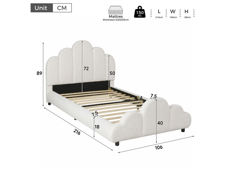  Lit simple rembourré 90x200 cm coloris beige tissu  - Conforama C