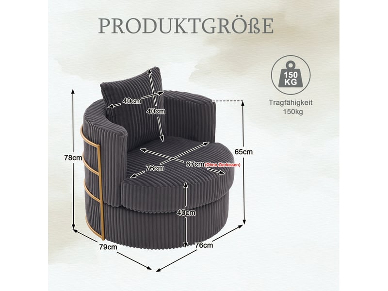  Fauteuils pivotants 360° 76x79x78 cm, lot de 2, rangement sous l’assise, accoudoirs rembourrés, velours côtelé gris  - Conforama C