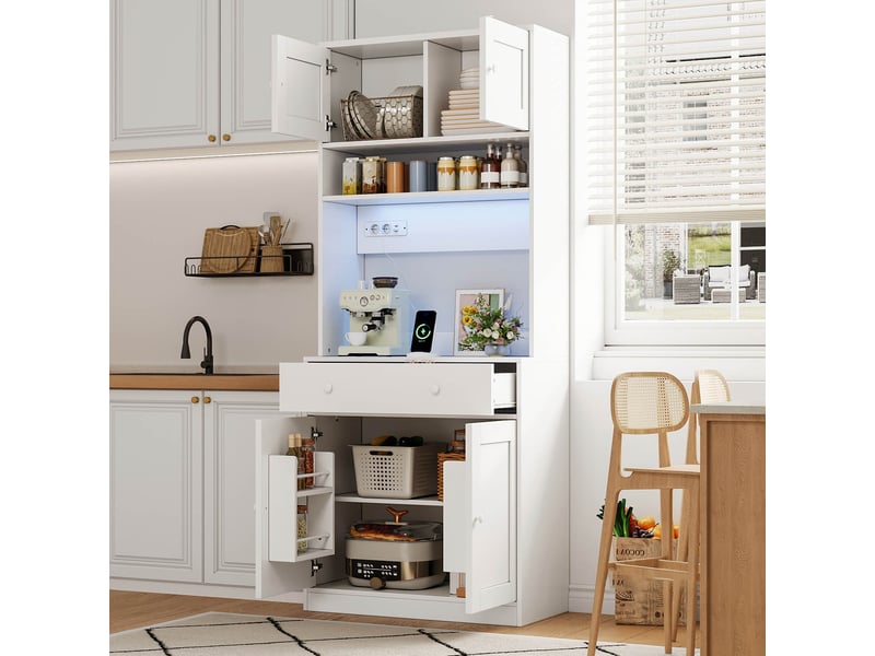  Armoire de cuisine 180 cm blanche, meuble de cuisine avec led et armoire avec grand tiroir, multiprise intégrée  - Conforama C