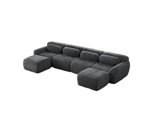 Canapé modulable en u 4 places gris en tissu peluche avec ottoman et coussins