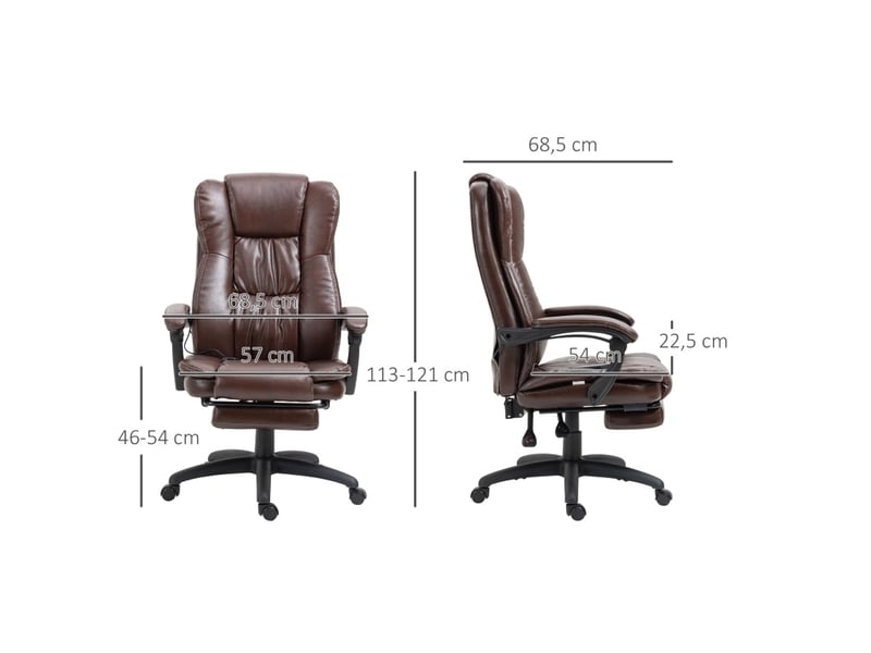  Fauteuil de bureau massant marron en cuir régénéré, inclinable à 135° avec repose-pieds et appui-tête  - Conforama C