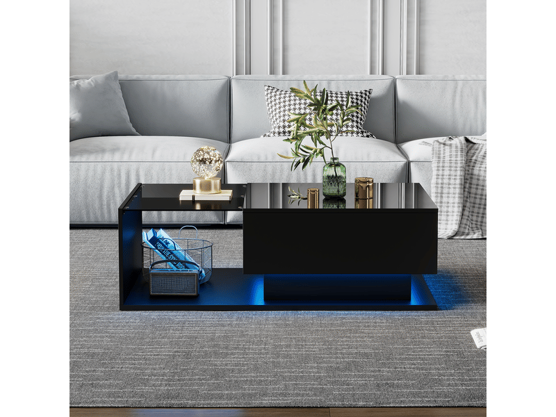  Table basse noire brillante 100x50x32 cm avec tiroir et plateau en verre, table de salon avec led bluetooth  - Conforama E
