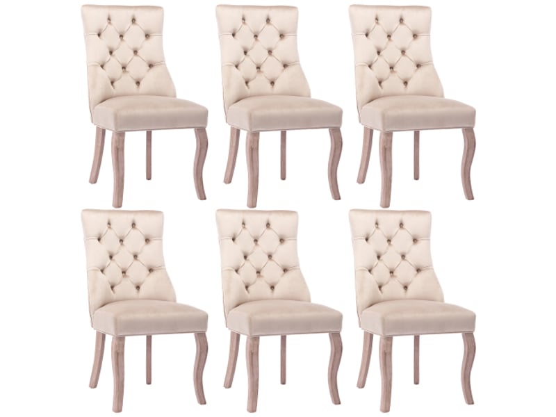  Lot de 6 chaises de salle à manger en velours beige avec dossiers hauts, coutures boutonnées, cadre en bois, sans accoudoirs  - Conforama A