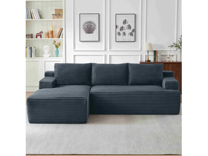  Canapé d’angle 4 places gris foncé en velours côtelé, style nuage avec méridienne droite, modulable et convertible  - Conforama D