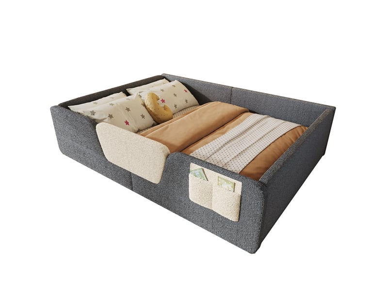  Lit 2 places enfant 140x190 cm en velours gris avec barrières amovibles et poche de rangement  - Conforama A