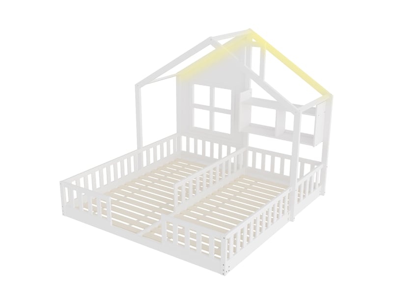  Lit enfant cabane avec fenêtres, bois blanc, 90 x 200 cm, led, étagères et garde-corps  - Conforama E