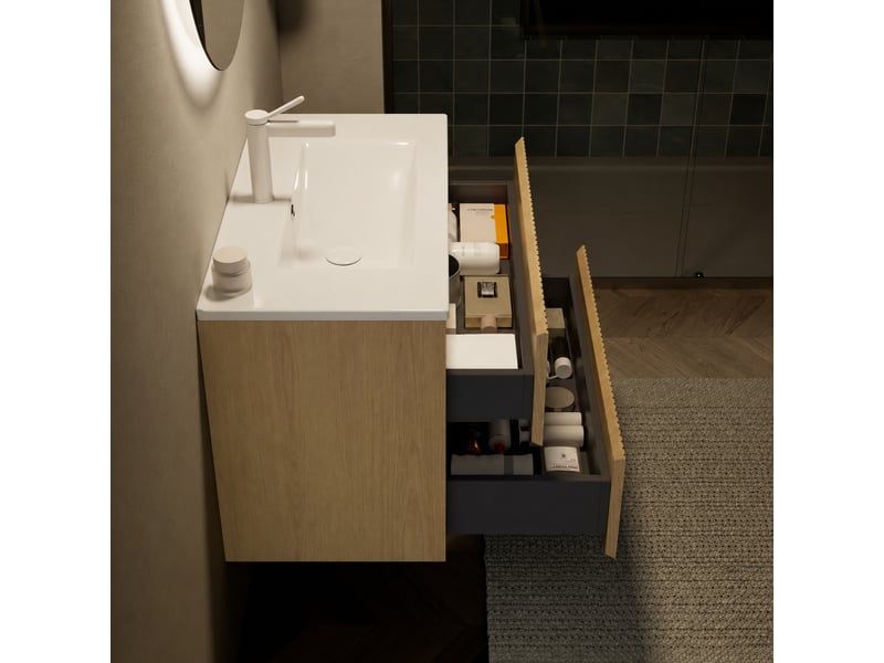 Meuble vasque suspendu 75 cm avec vasque intégrée en céramique blanche, 2 tiroirs, chêne doré  - Conforama D
